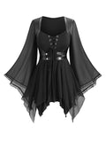 ROSE GAL Plus Size Womens Goth Steampunk Trumpet Sleeves Renaissanc Tops Punk Rivets PU Patchwork lace Trim Handkerchief Halloween Witch Costume T-shirt(Black_1/2X)