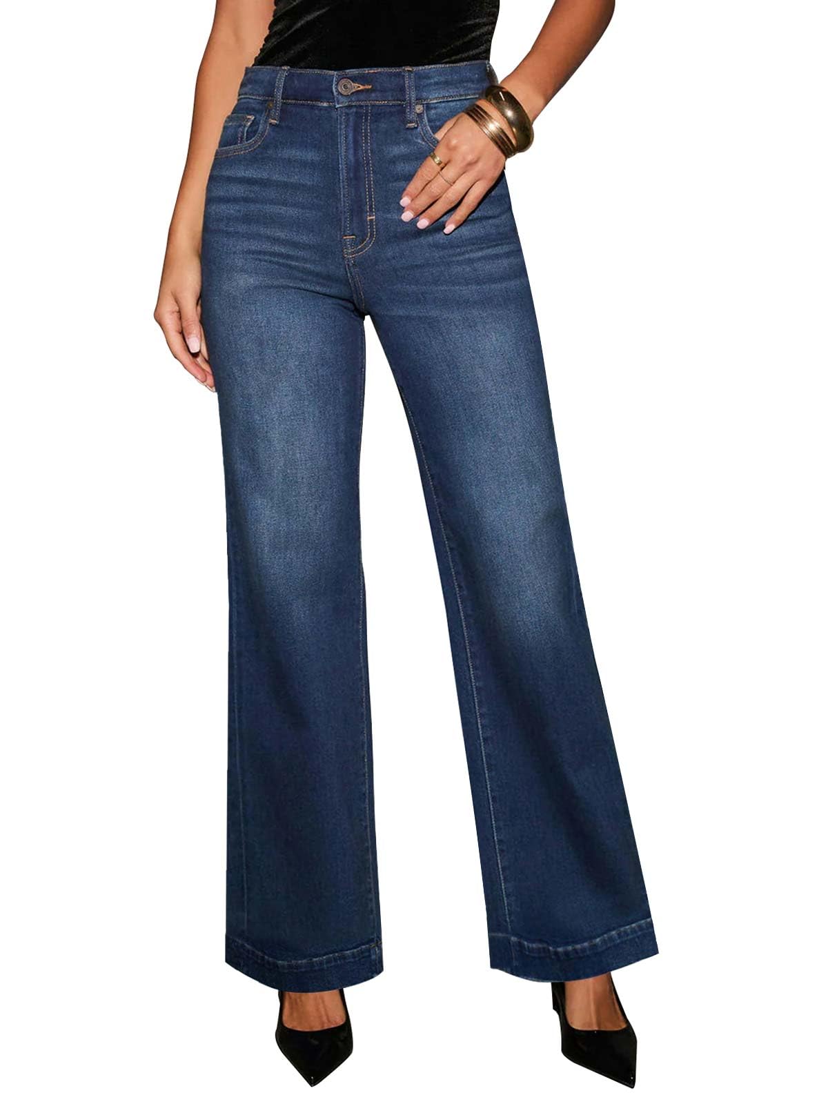 KUNMI Women's Wide Leg Jeans High Waisted Straight Leg Stretchy Denim Pants with Pockets
