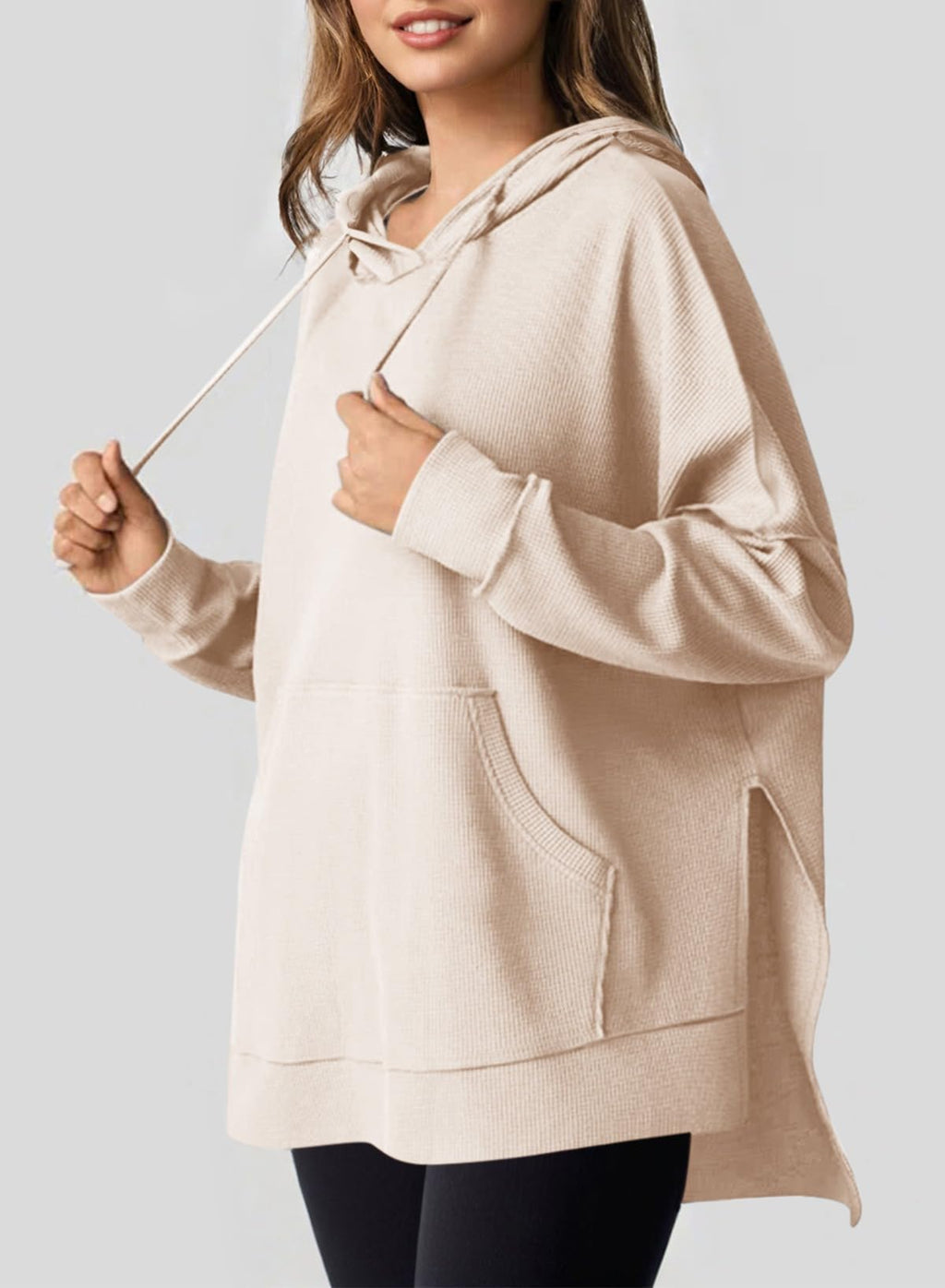 Dokotoo Oversized Hoodies for Women Casual Long Sleeve Autumn Pullover Sweatshirts for Women 2025 Fall Waffle Knit Side Slit Hoodie Sweatshirt Clothes with Pocket Apricot Large