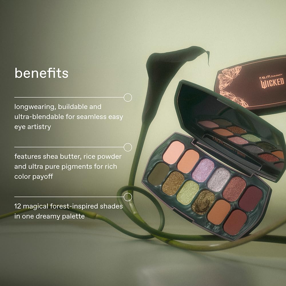 r.e.m. beauty Wicked: For Good | Ozian Forest Eyeshadow & Emerald City Eyeliner Duo | 12-Shade Palette + 4 Metallic Liners | Shimmer, Matte & Glitter Finishes | Blendable, Long-Wear Formulas