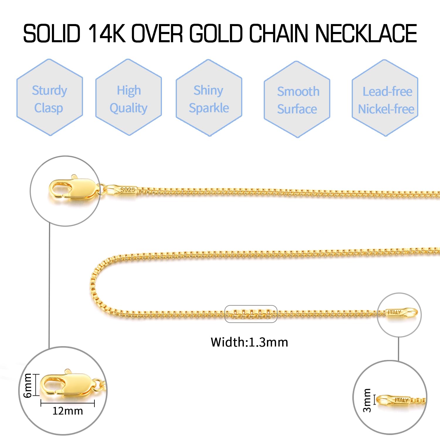 Jewlpire 14K Gold Plated Chain Necklace for Women, 1.3MM Box Chains Necklace 14K Gold Plated Chain for Women Thin & Sturdy Womens Chains Necklaces, 22 Inches
