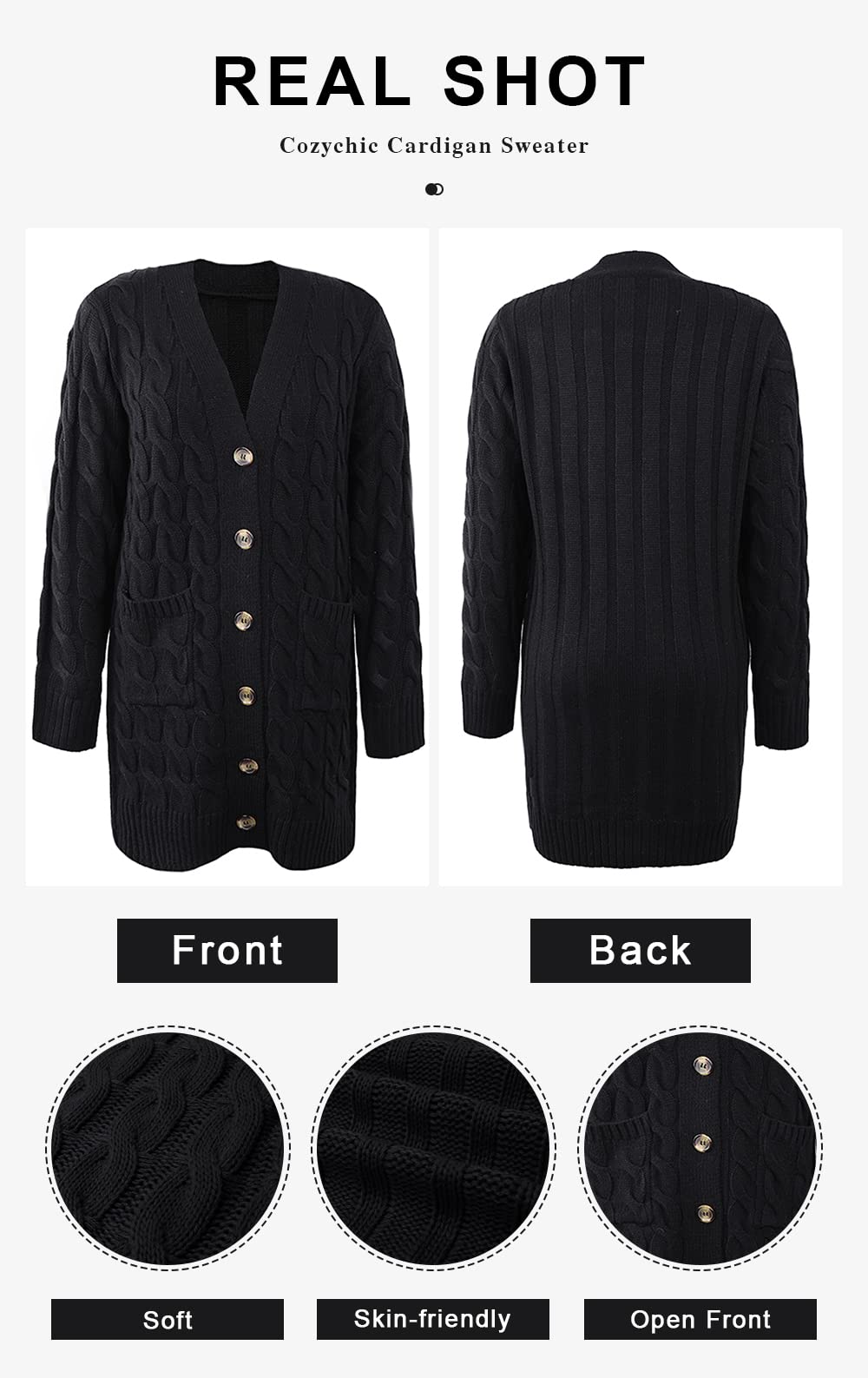 PRETTYGARDEN Long Sleeve Cable Knit Long Cardigan for Women 2026 Spring Winter Chunky Open Front Button Sweaters with Pockets (Black, Small)