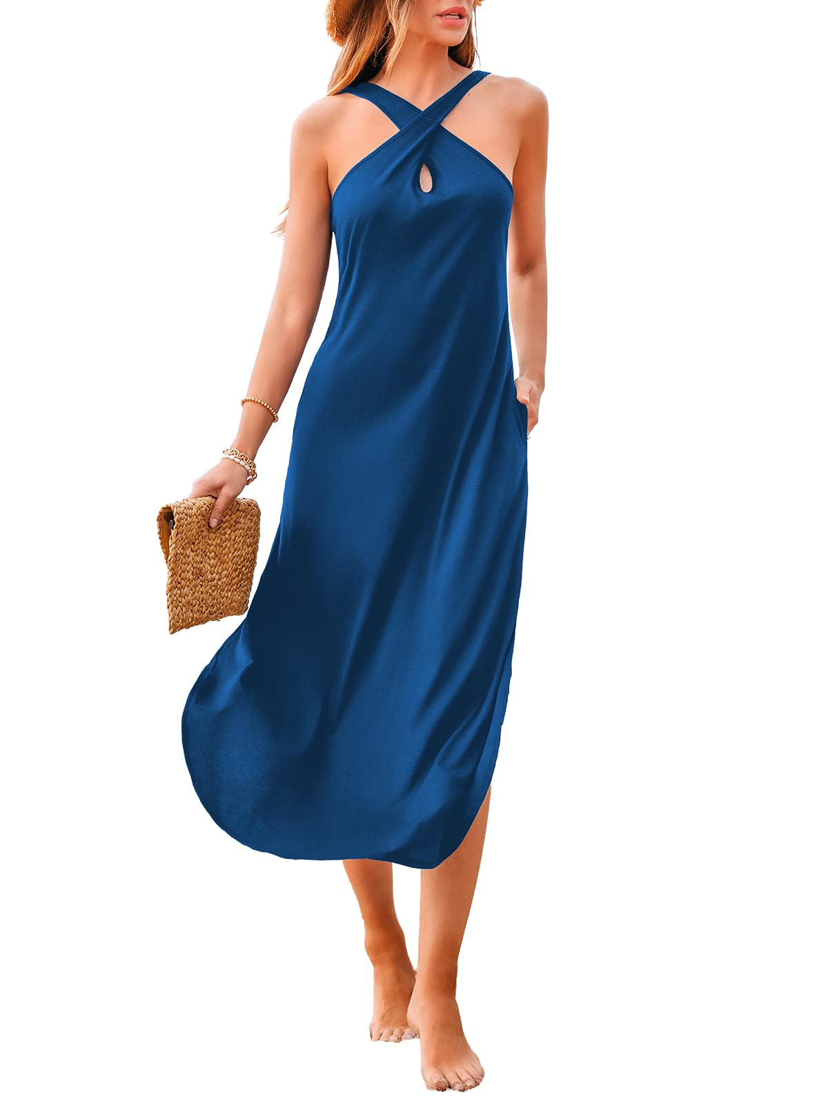 CUPSHE Women Casual Summer Dresses Knit Sundress Halter Sleeveless Cutout Slit Long Beach Vacation Pocket Maxi Cover Up Dress Navy Blue, M