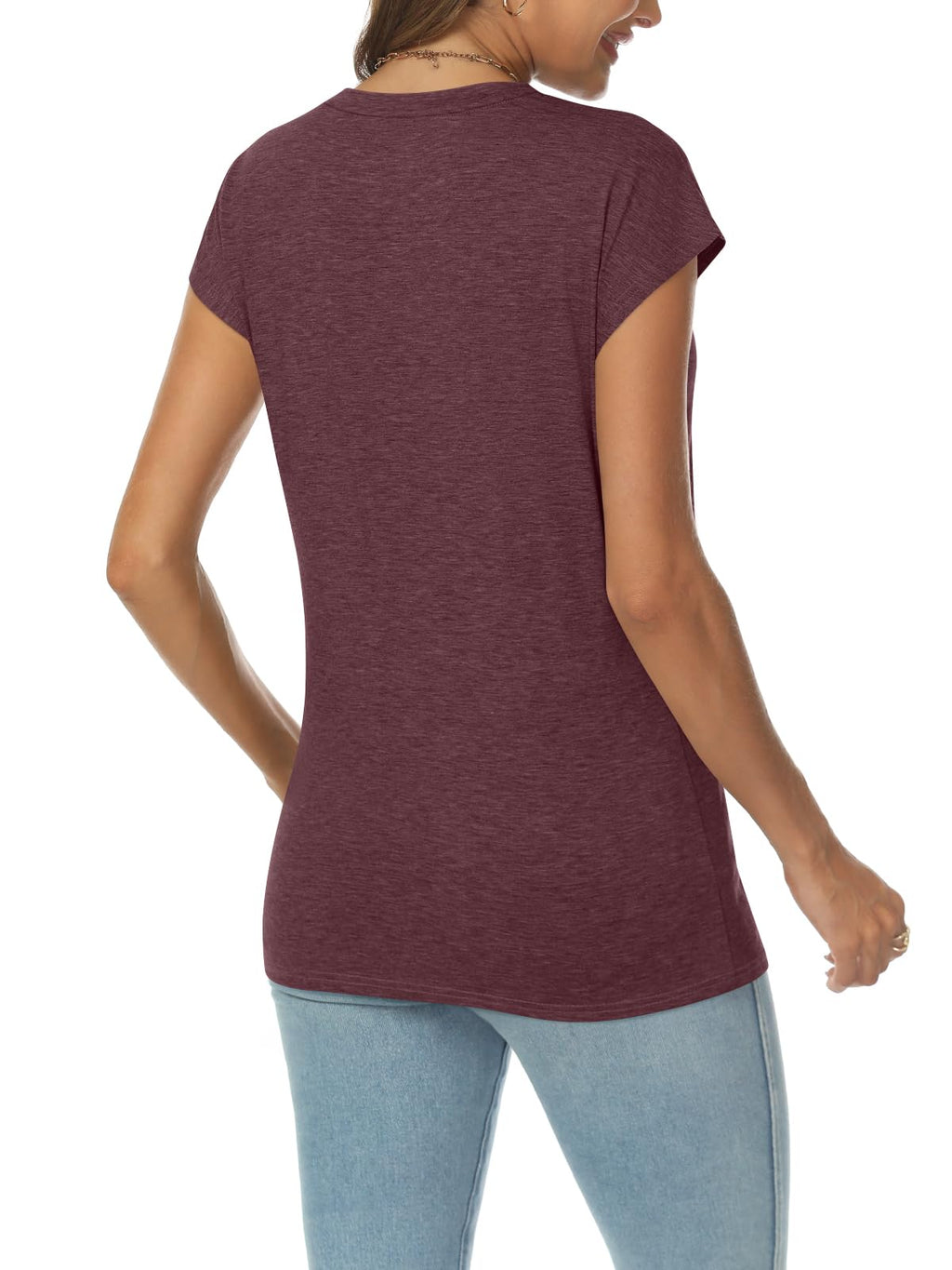 AUTOMET Womens V Neck T Shirts Spring Summer Cap Sleeve Basic Tees Trendy Cute Tops for Work Dressy Casual Beach Vacation Wine Red L