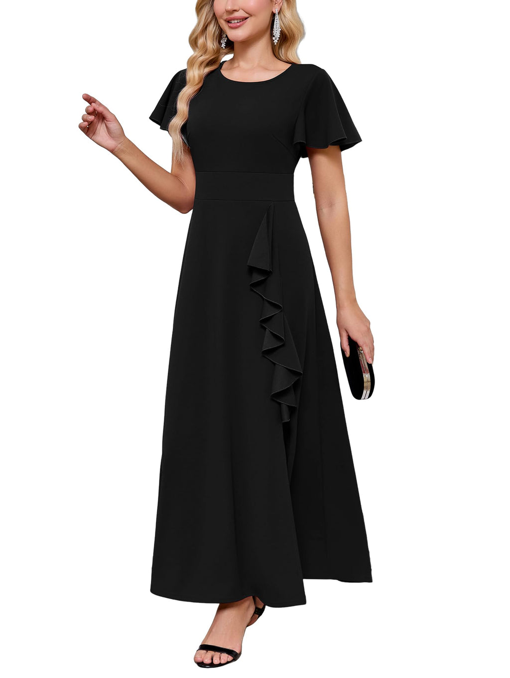 TVVZOOZ Women’s A-Line Ruffle Maxi Wedding Guest Dresses Short Sleeve Formal Evening Gowns Black