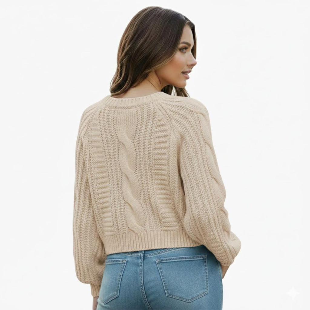 Grewear Women's Cropped Cable Knit Sweater, Soft Long Sleeve Crewneck Pullover, Casual Cozy Knit Top for Fall Winter Outfits, Gift for Women Oatmeal-XS