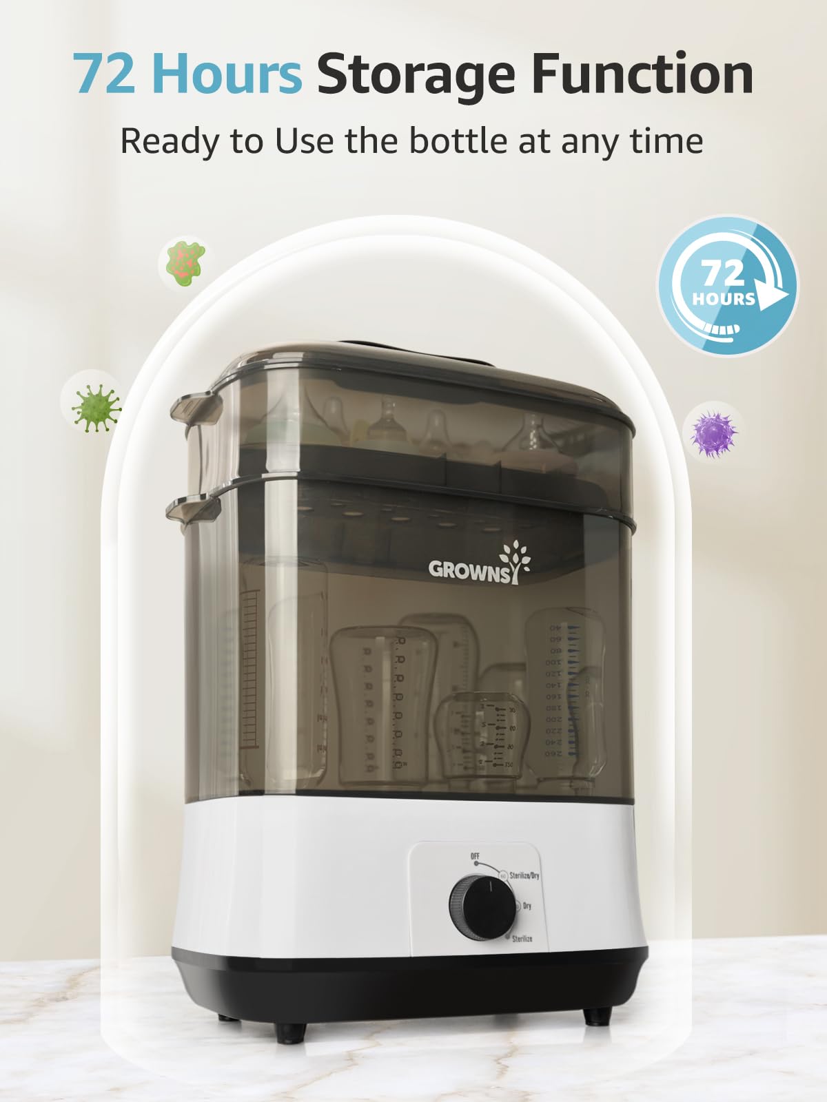 Grownsy Adjustable 4 in 1 Large Bottle Sterilizer and Dryer, 8 Bottles Capacity,Electric Steam Baby Bottle Sterilizer, Sanitizer for Baby Bottles & Pacifiers, Breast Pump Parts
