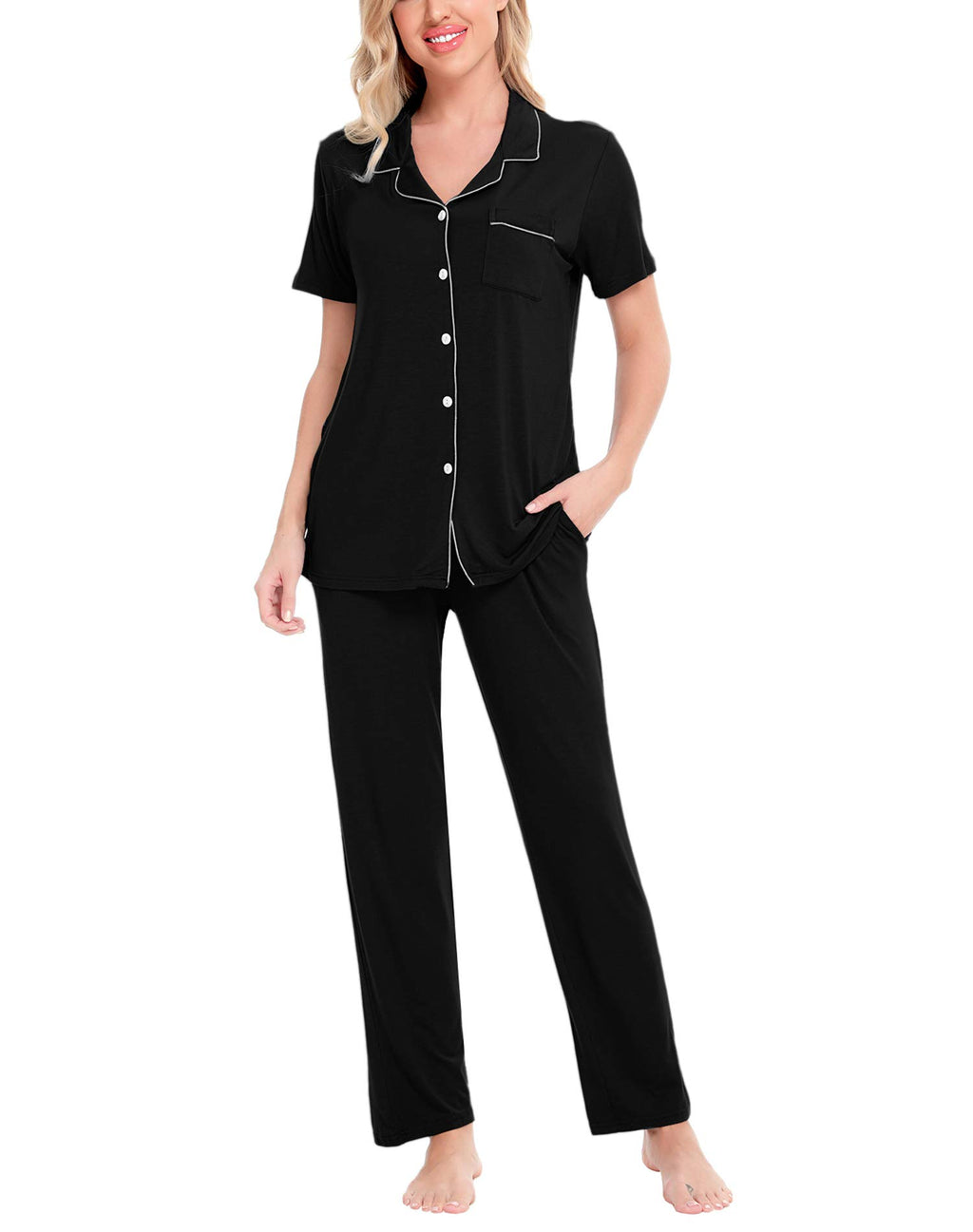 SWOMOG Women Pajama Sets Two-Piece Nightwear Short Sleeve Sleepwear Button Down Pj Lounge Sets with Long Pants Black
