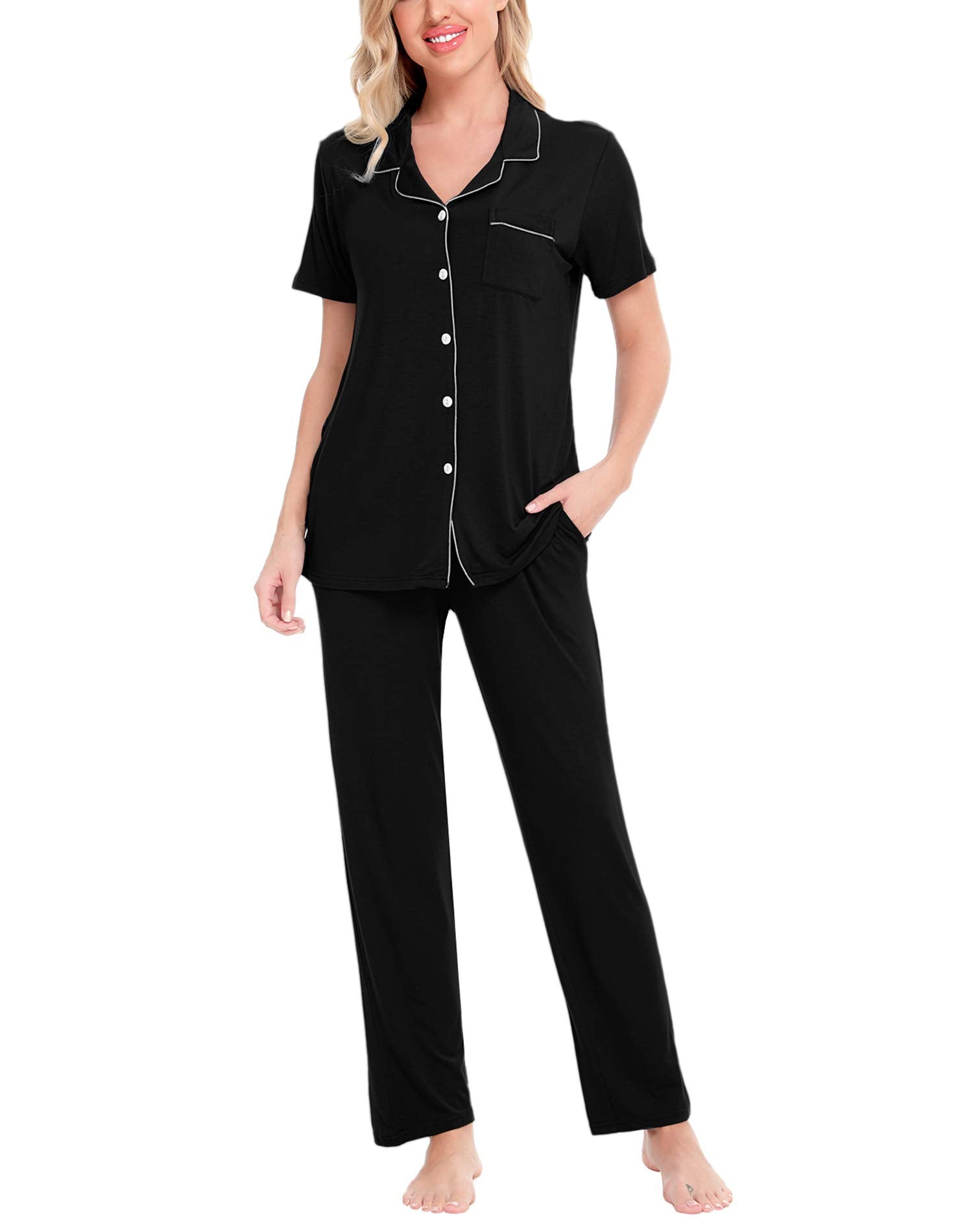 SWOMOG Women Pajama Sets Two-Piece Nightwear Short Sleeve Sleepwear Button Down Pj Lounge Sets with Long Pants Black