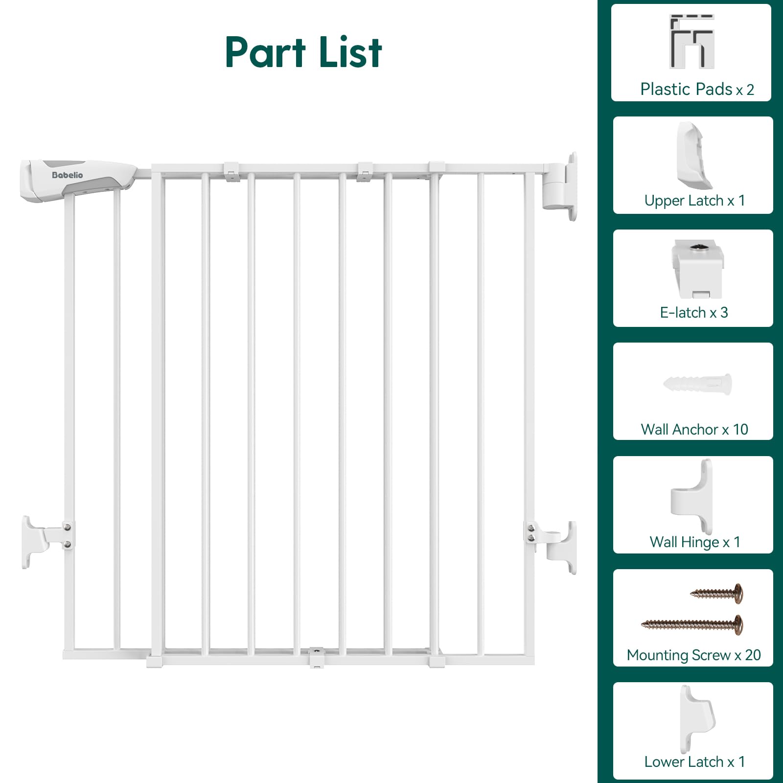 Babelio Baby Gate for Stairs, Kitchen & Doorways, 26-43" W 28" H No Bottom Bar| Easy Installation| One-Handed Operation| Auto-Close| Hardware Mount (Drill Needed) Safety Dog/Pet Gate Indoor (White)