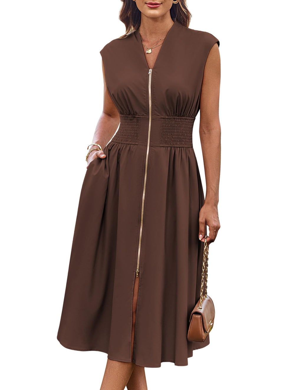 GRACE KARIN Work Dress for Women Summer Sleeveless Smocked Waist Zipper Dress Business Casual Outfits Brown XL
