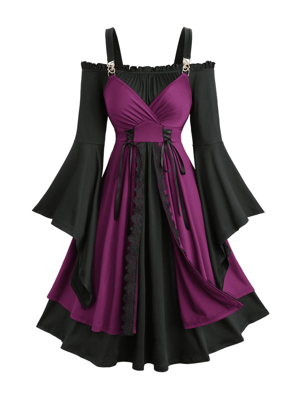ROSE GAL Rosegal Plus Size Renaissance Gothic Dress for Women Halloween Costume Cold Shoulder Two Tone Layered Bell Sleeve Midi Dresses Medieval Dress(Black/2X)