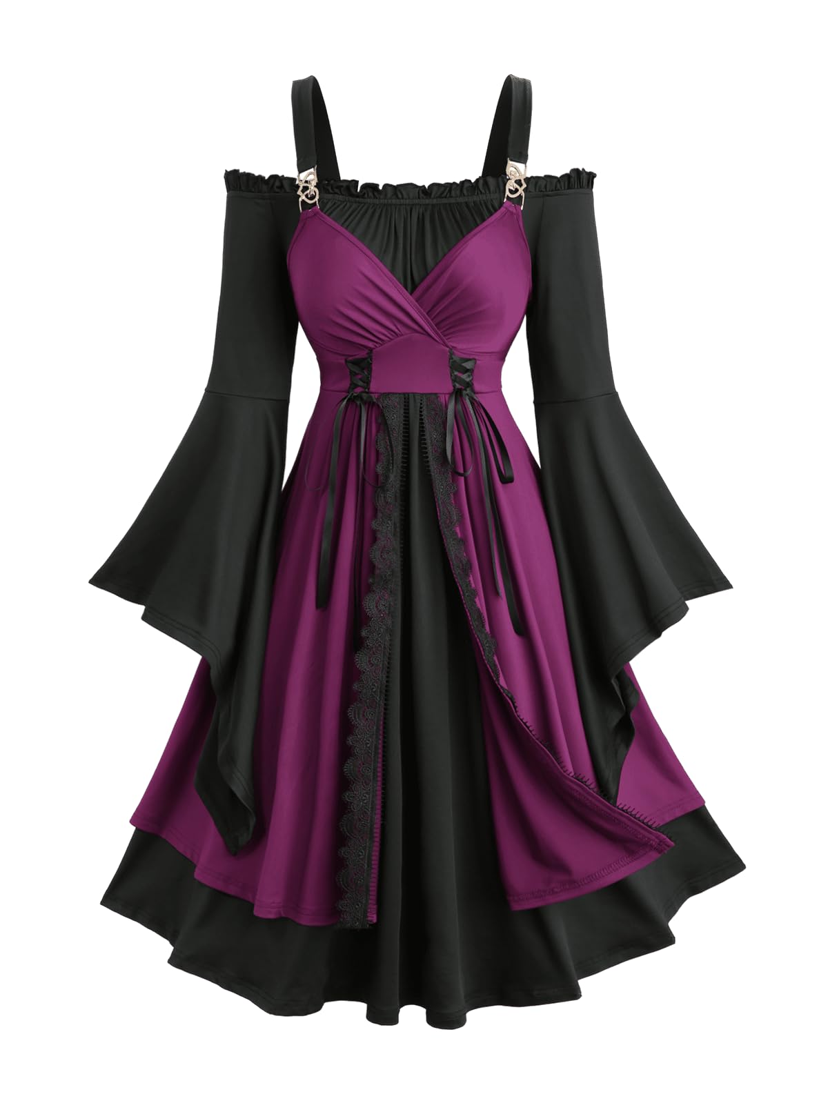 ROSE GAL Rosegal Plus Size Renaissance Gothic Dress for Women Halloween Costume Cold Shoulder Two Tone Layered Bell Sleeve Midi Dresses Medieval Dress(Black/2X)