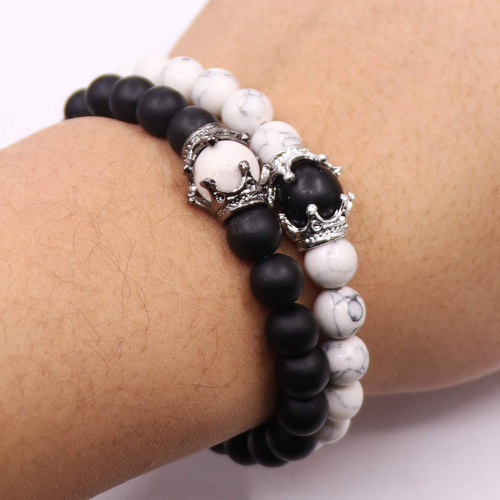 UEUC King&Queen Crown Distance Couple Bracelets His Hers Black Matte Agate 8mm Beads Bracelet