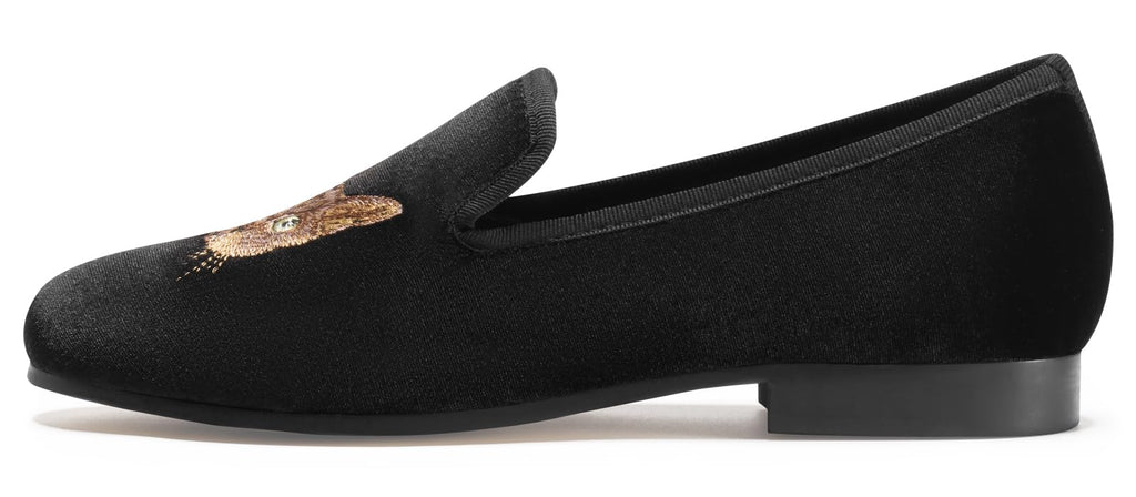 Journey West Women's Velvet Loafer Flat with Embroidery Smoking Slippers Slip on Shoes for Women Cat Black US 9.5