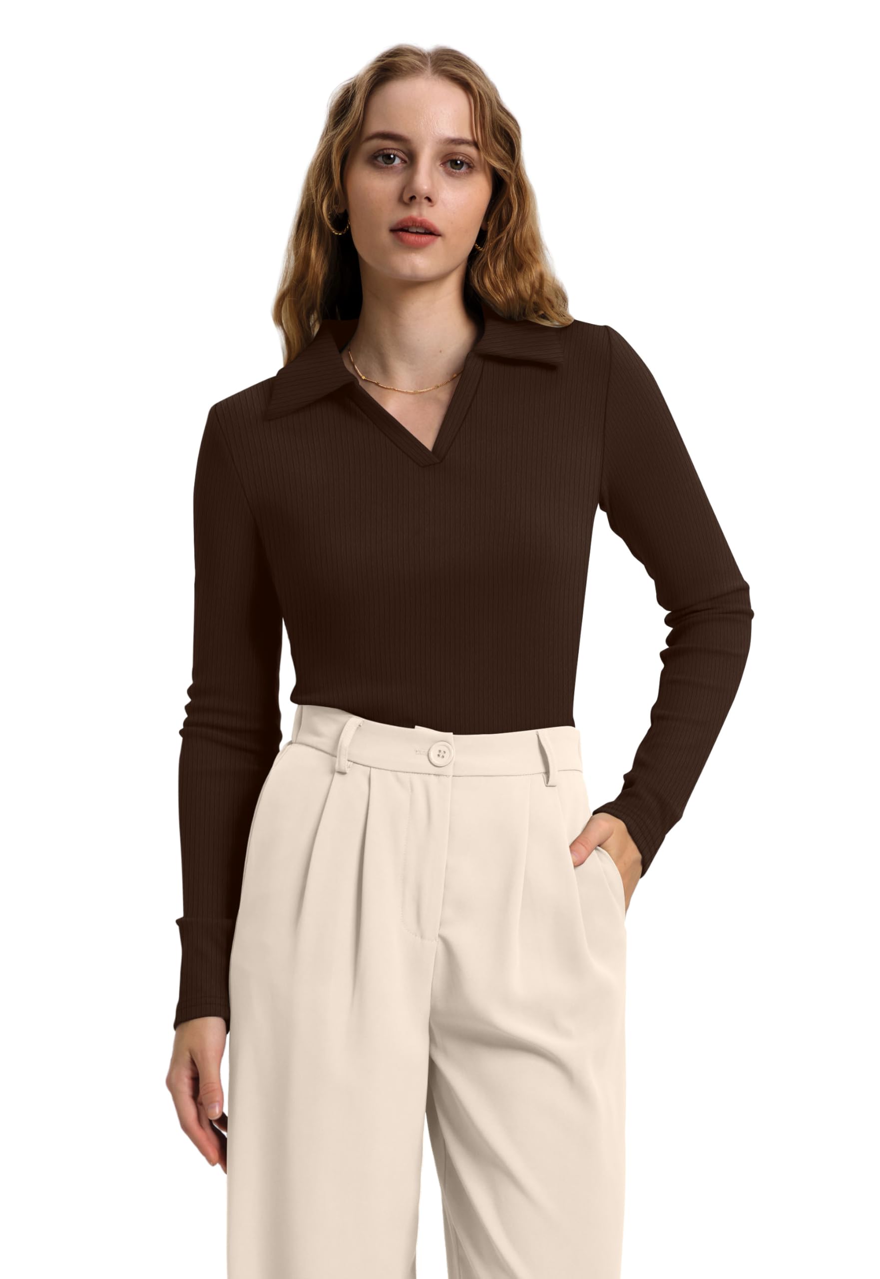 WIHOLL Fall Outfits for Women 2026 Fashion Long Sleeve Shirts Business Casual Tops V Neck Old Money Clothes Thermal Sweaters Coffee S