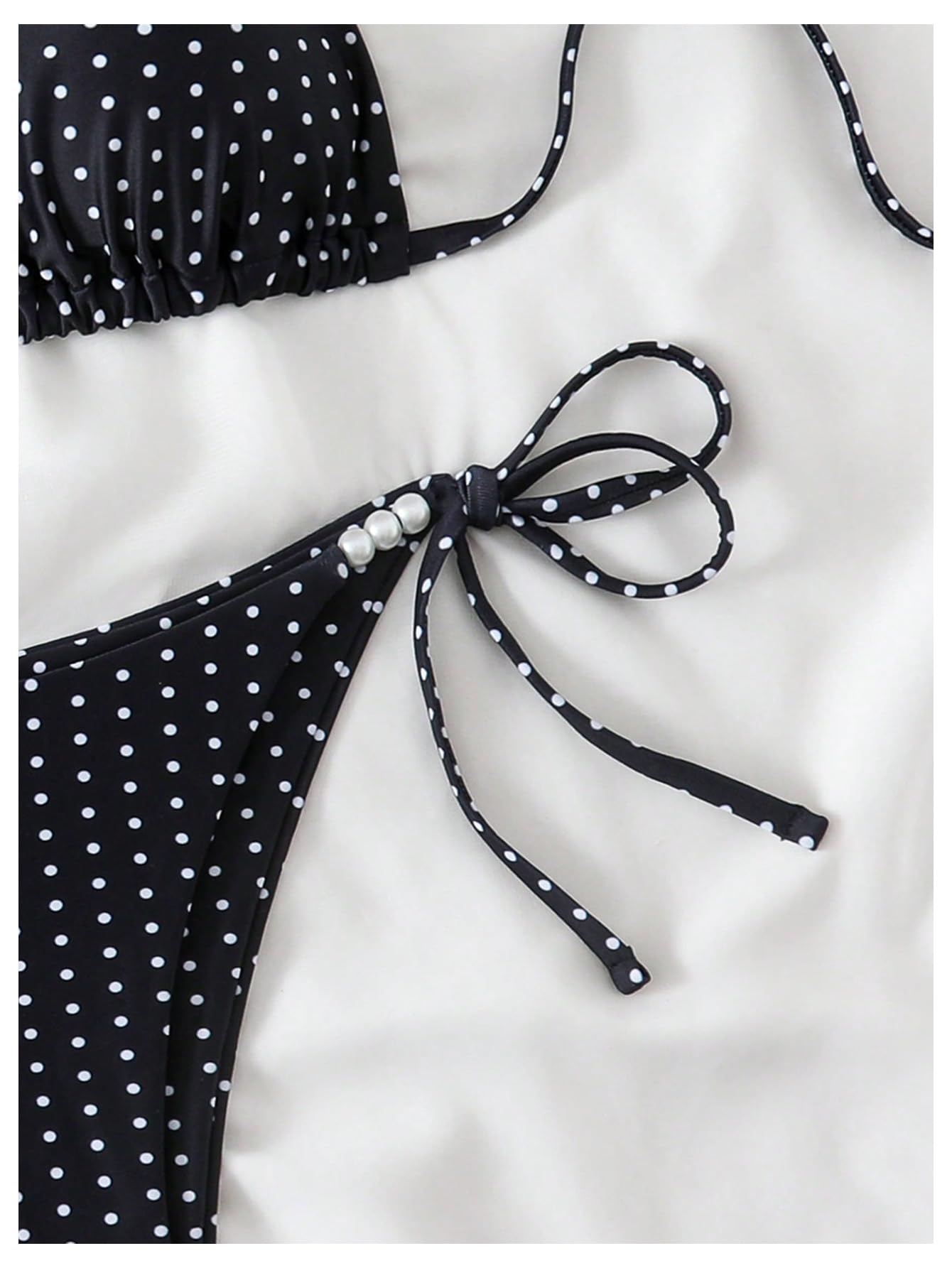 WDIRARA Women's Polka Dots Bikini Sets Halter Triangle String Swimsuit Tie Side 2 Piece Bathing Suit Black and White Medium