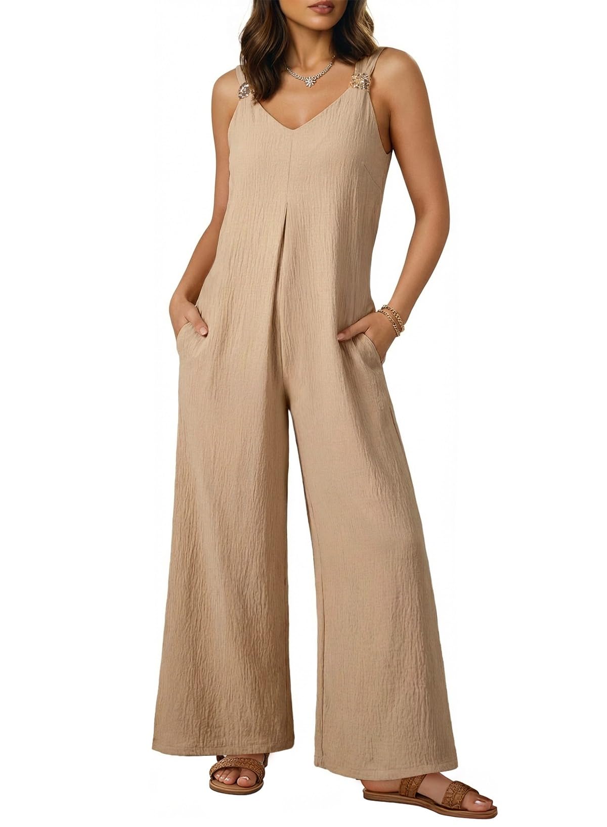Acelitt Women's Casual 2026 One Piece Jumpsuits Dressy Fashion Spring V Neck Sleeveless Loose Wide Leg Long Pant Rompers Outfits Beige Large