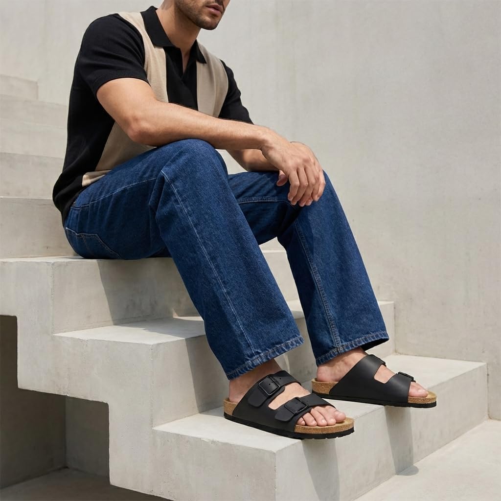 CUSHIONAIRE Lane Cork Footbed Mens Sandals, Adjustable Buckle Comfort Slides for Men, Genuine Leather Insole Summer Sandals Men Footwear, BLACK 10