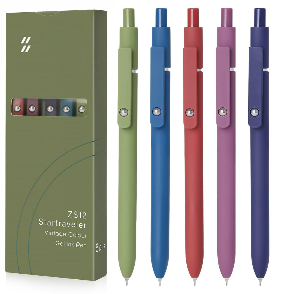 FIOVER Gel Pens, 5pcs 0.5mm Quick Dry Black Ink Fine Point Smooth Writing Pens High-End Series Ballpoint for Office School Supplies(Retro color)