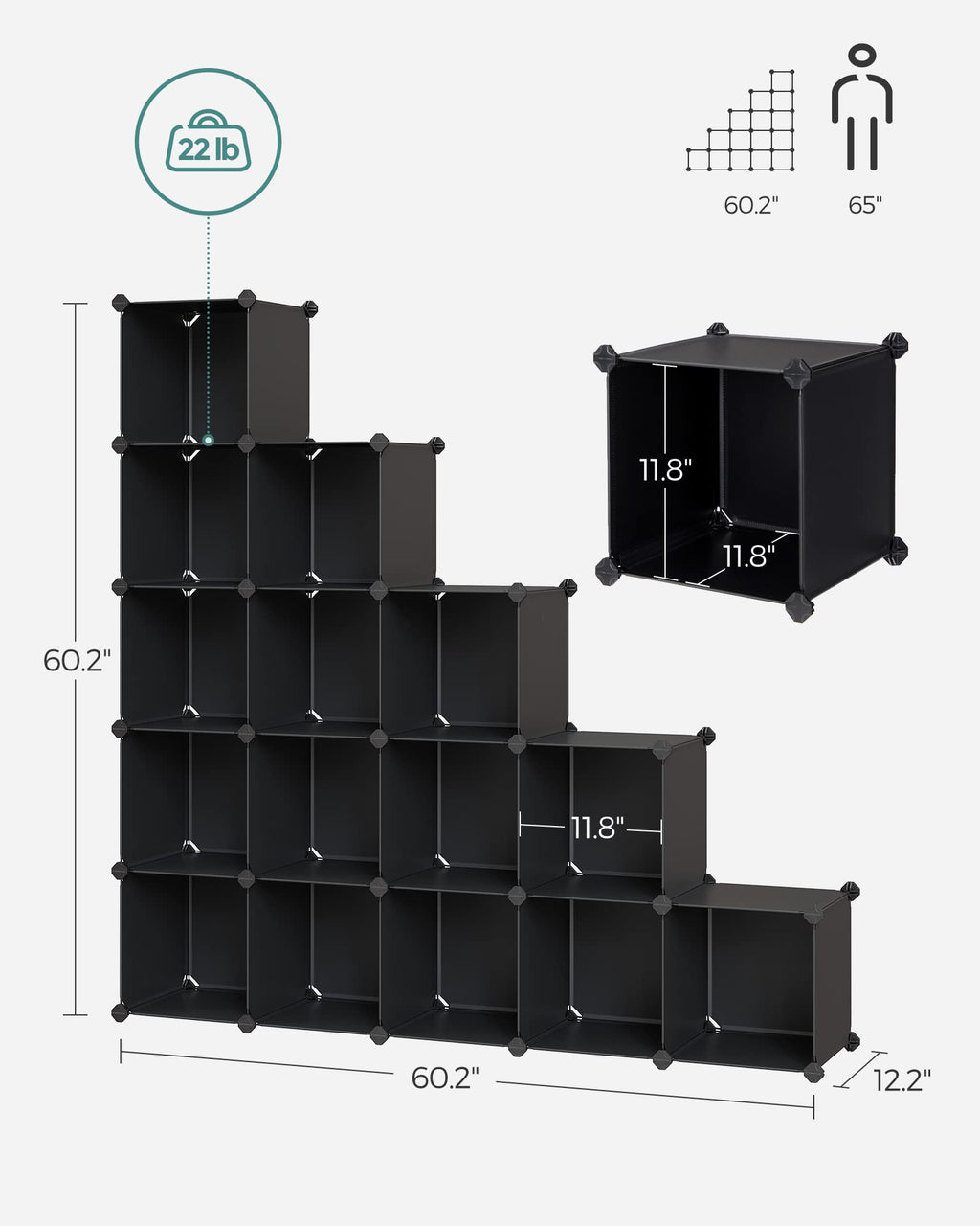 SONGMICS Cube Storage Organizer, Set of 16 Plastic Cubes, Closet Organizers and Storage, Room Organization, Bedroom Living Room, 12.2 x 48.4 x 48.4 Inches, Black ULPC44BK