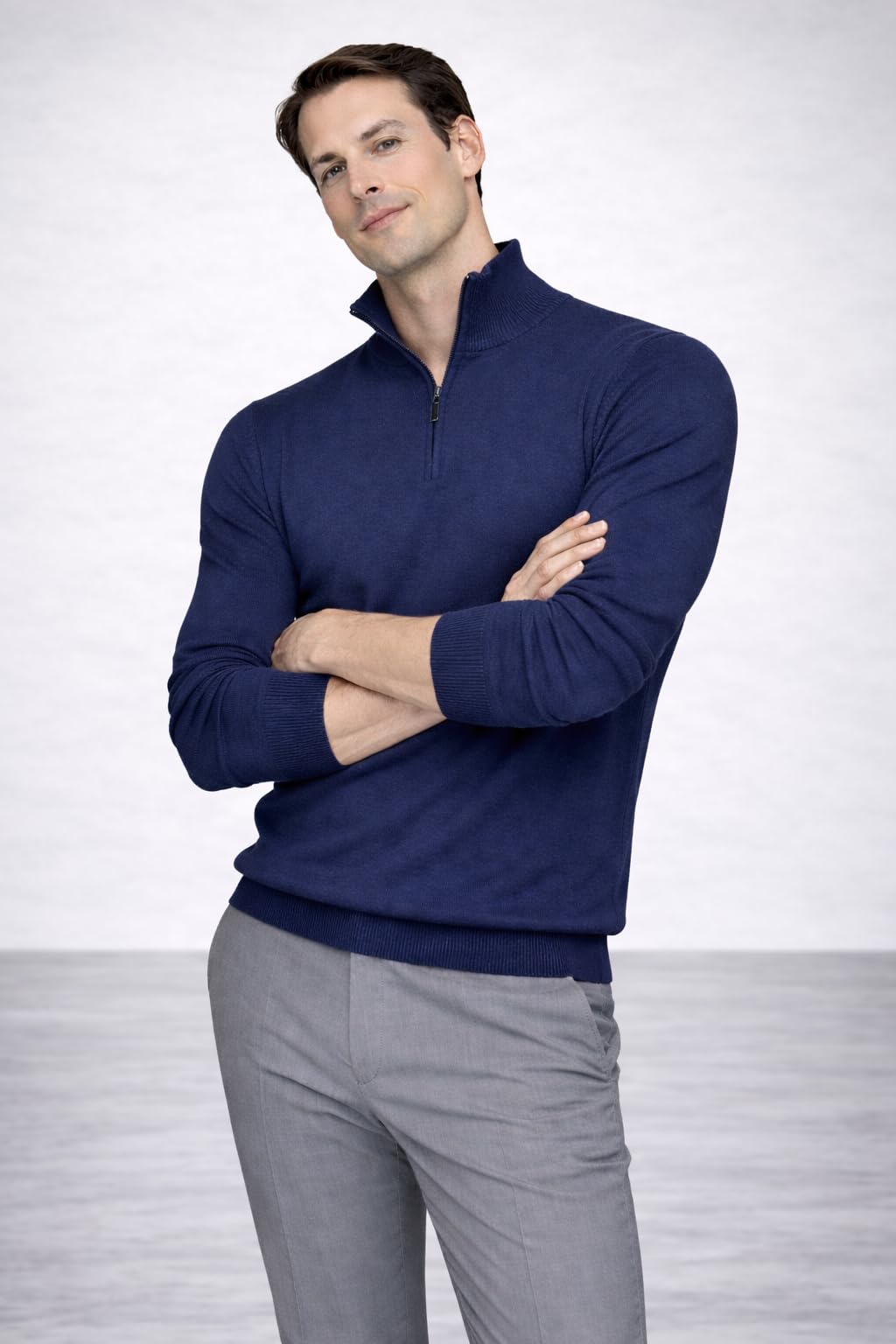 State Cashmere Men's Half Zip Mock Neck Sweater 100% Pure Cashmere Polo Neck Pullover (Navy, Medium)