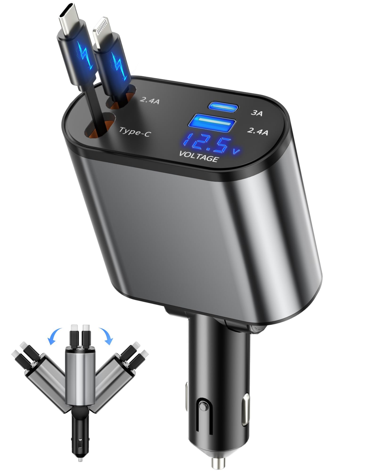 BERTHALESS Retractable Car Charger, 4 in 1 Fast Charging Car Charger with USB-C & USB-A, Compatible with iPhone 17/16/15/14/13/12/11,Galaxy,Pixel, Car Accessories for Men Women Drivers