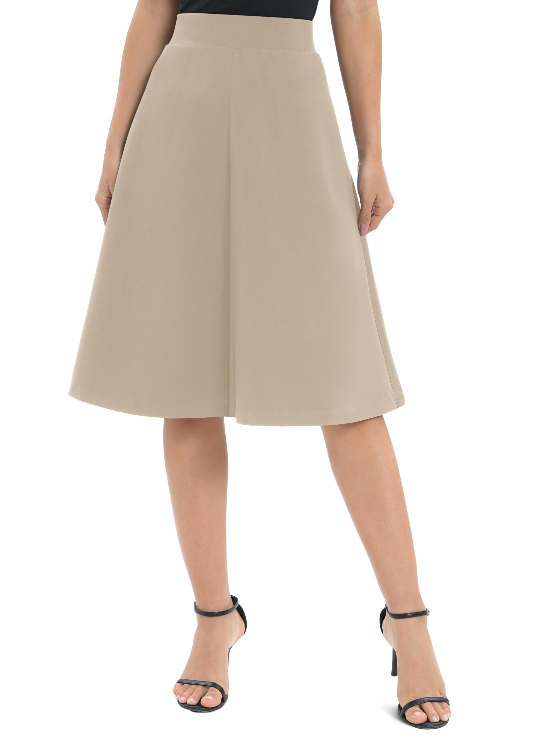 Urban CoCo Women's A-Line Elastic High Waist Flare Work Midi Knee Length Stretchy Skirt(S, Camel)