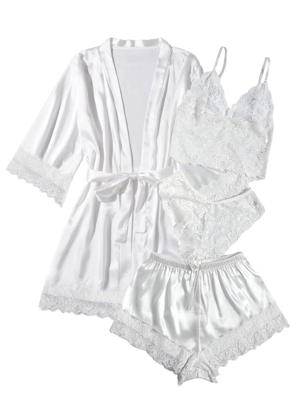 WDIRARA Women' Silk Satin Pajamas Set 4pcs Lingerie Floral Lace Cami Sleepwear with Robe Snow White L