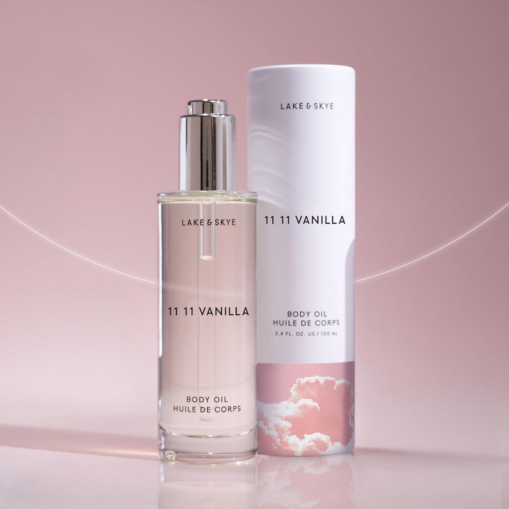 Lake & Skye 11 11 Vanilla Body Oil, 100mL, Subtle Musk & Vanilla Scent, Hydrating All-Over Moisturizer with Almond Oil, Vitamin E, Paraben-Free, Vegan, Nourishes & Softens Dry Skin