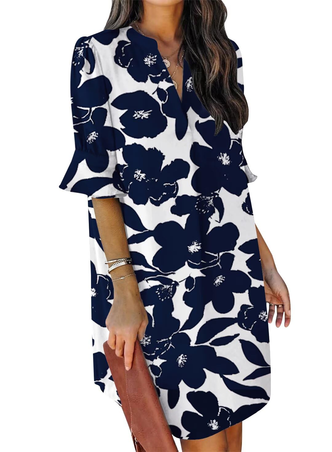 QACOHU Spring Summer Dresses for Women 2026 Ruffle Sleeves Sundress Simple Mini Dress V-Neck Shift Dress Blue White L