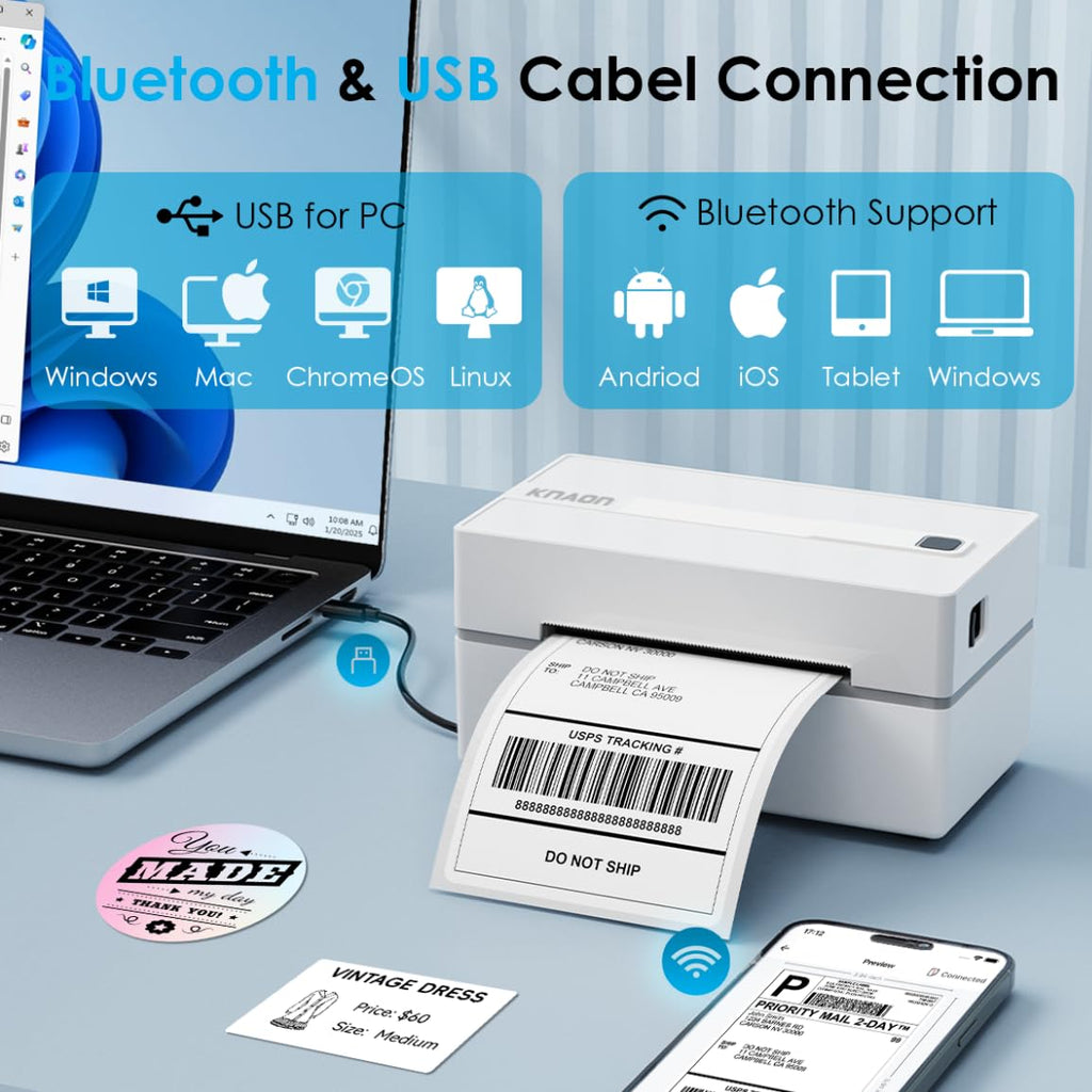 KNAON Bluetooth Thermal Shipping Label Printer, 4x6 Portable Thermal Address Label Printer for Small Business, Compatible with iPhone,Android,Windows,Mac–Works with Ebay Shopify USPS&More, White