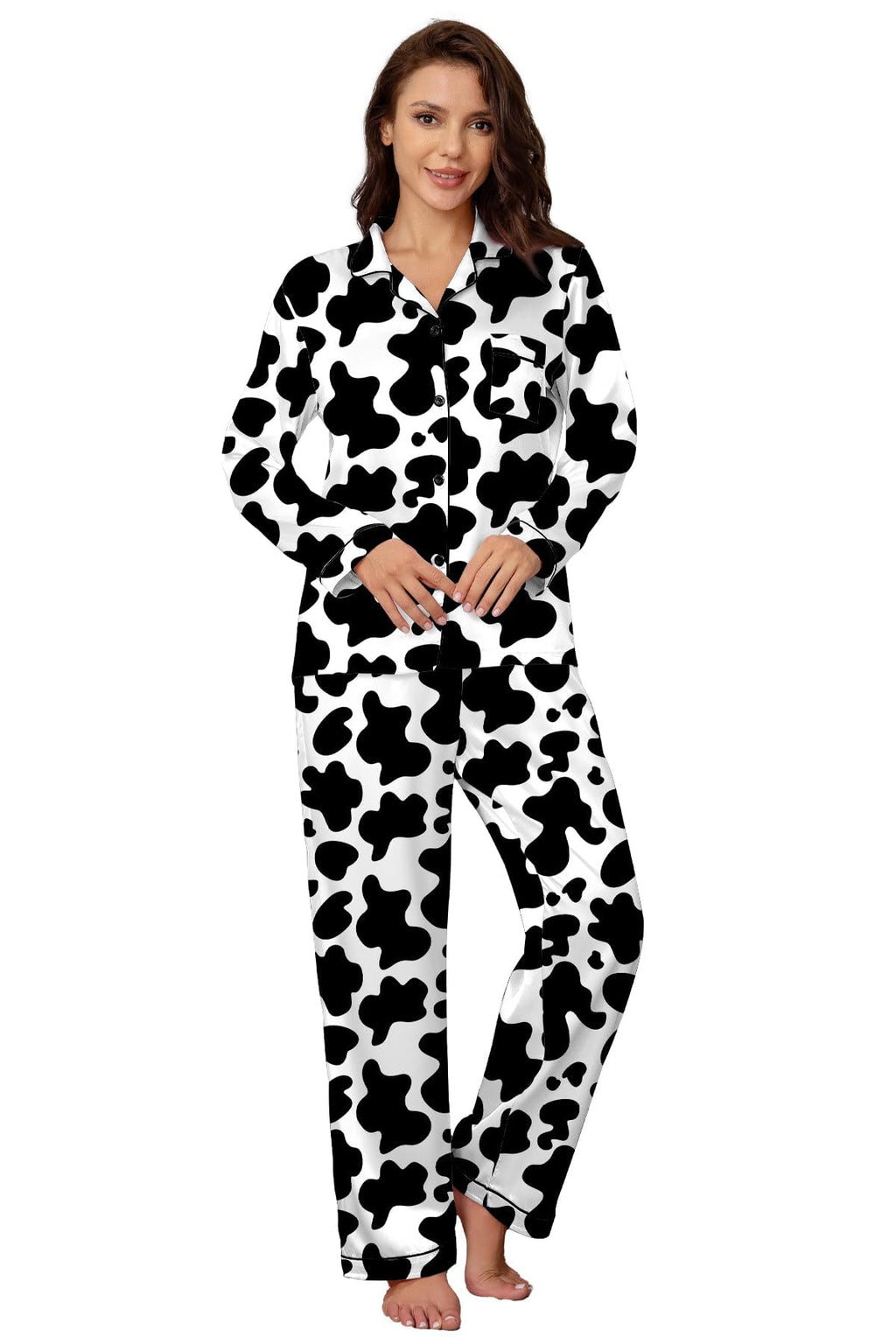 Silk Pajamas for Girls Satin Long Sleeve Button Down PJ Set Two-Piece Sleepwear for Kids, Cow Print, 4-5T
