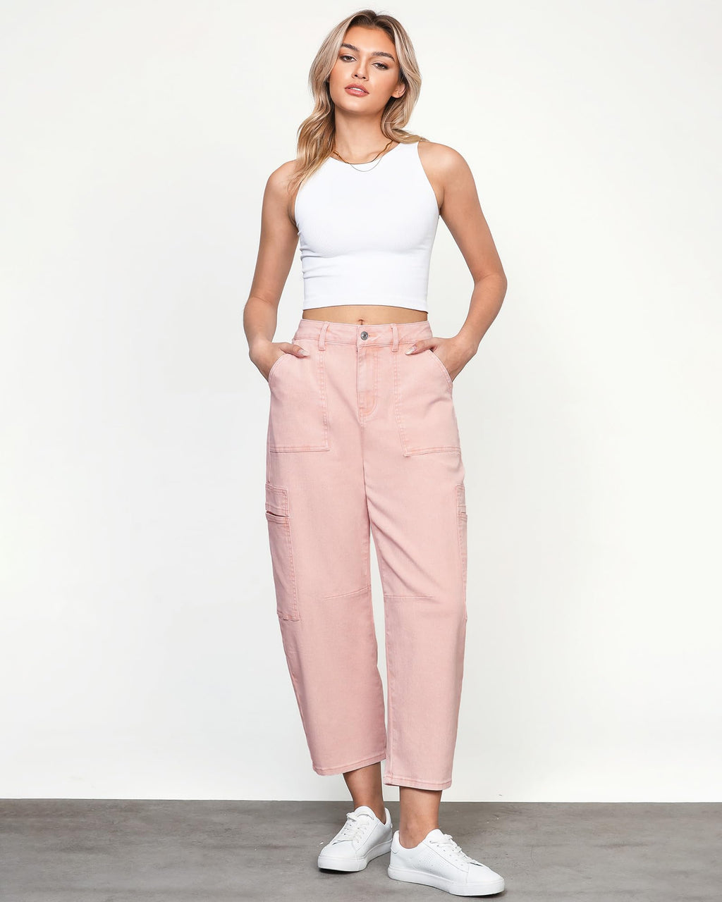 GRAPENT Women's Trendy Summer Casual Cropped Barrel Leg Stretchy Jeans - Candy Pink, Size 12 to 14