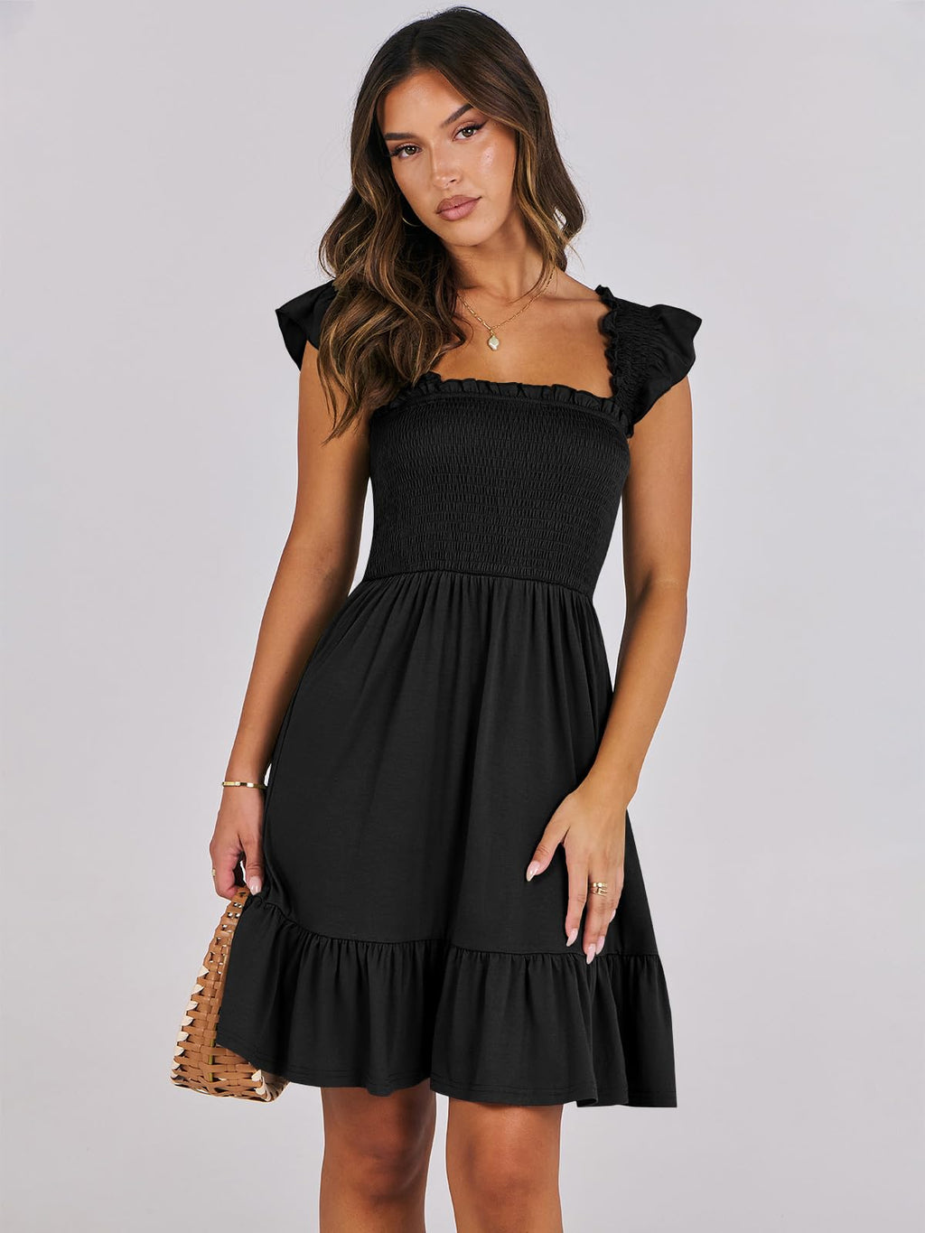 ANRABESS Women's Summer Casual Sleeveless Square Neck Dress 2026 Smocked Ruffle Backless Boho Beach Cute Teen Short Sundress Black Large