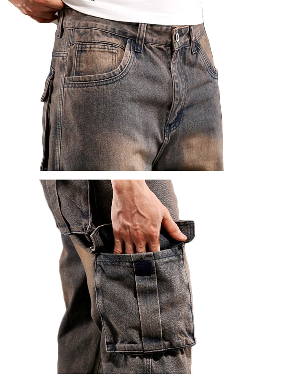 Nutriangee Men's Casual Baggy Cargo Workwear Jeans Loose Fit Straight Leg Hip Hop Denim Pants Yellow 44