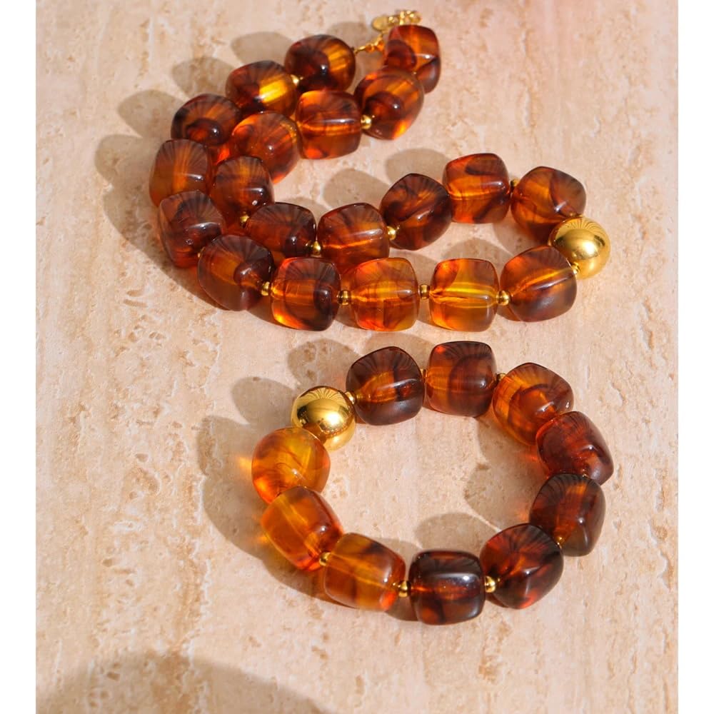 Mchic Amber Beaded Strand Necklace for Women: Adjustable Boho Chunky Acrylic Square Bead Choker Handmade Summer Beach Jewelry Stainless Steel Necklace Unique Gift for Her