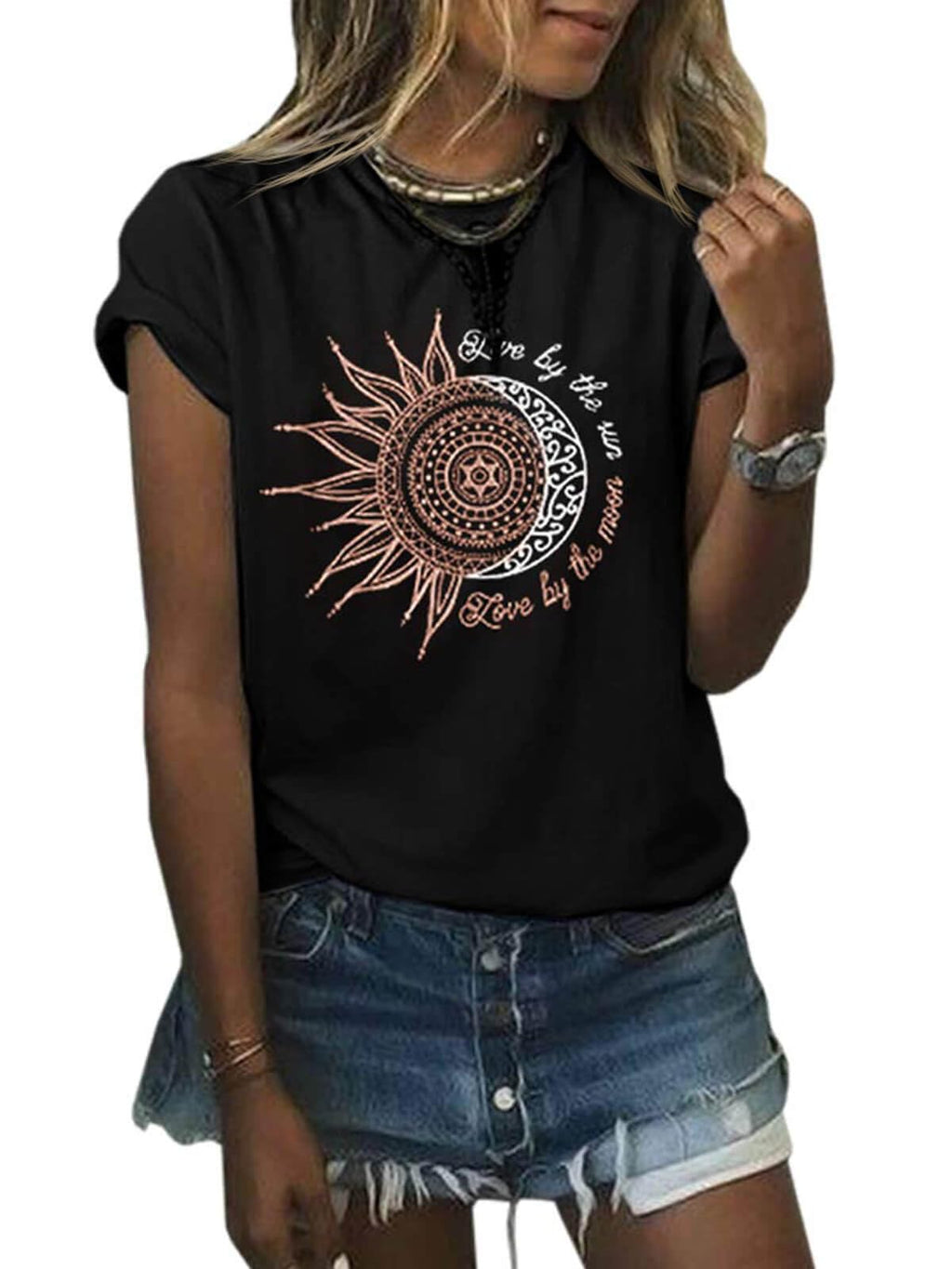 MaQiYa Womens Graphic Tees Summer Short Sleeve Cotton Moon and Sun Printed T Shirts Tops (Large,Black)