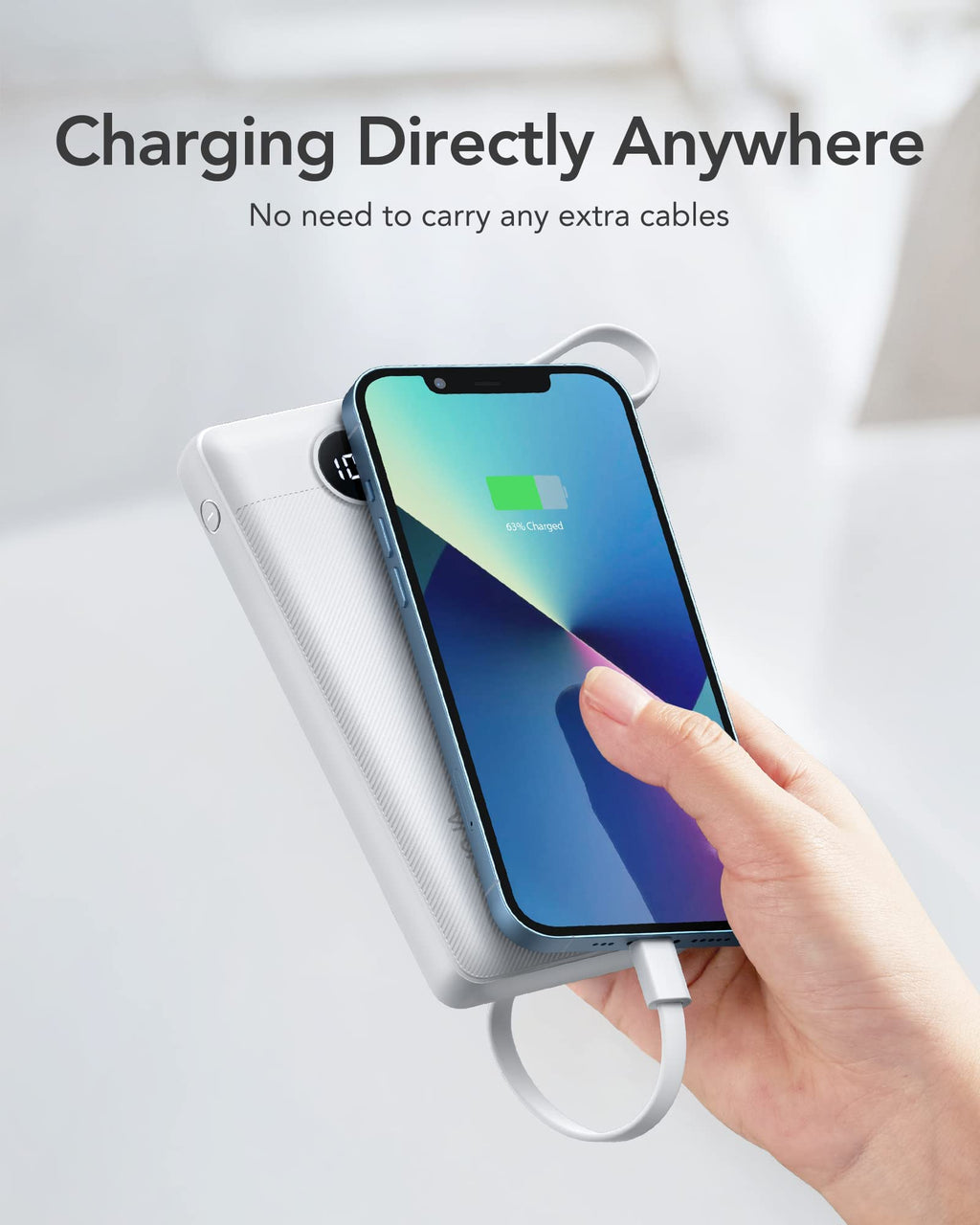 VRURC Portable Charger Built in Cables, Slim Power Bank 10000mAh, Multi Devices Charging Bank with Lanyard, USB C Battery Pack 5 Outputs for iPhone 17 Pro 17 16 15 14 13, Samsung Phones-White(1 Pack)