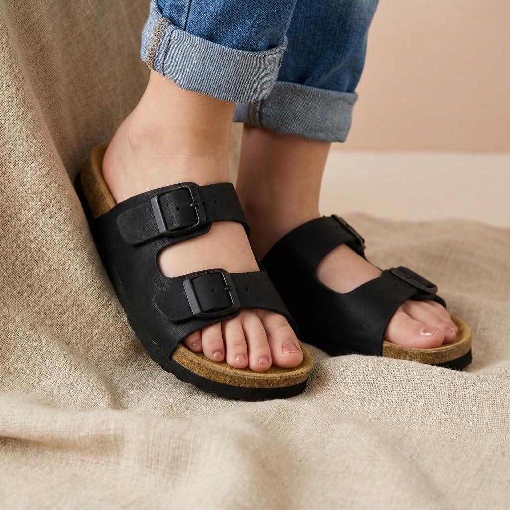 CUSHIONAIRE Lane Kids Sandals, Comfortable Cork Footbed Slide with Adjustable Straps and Supportive Design for Boys and Girls Sandals, BLACK 12