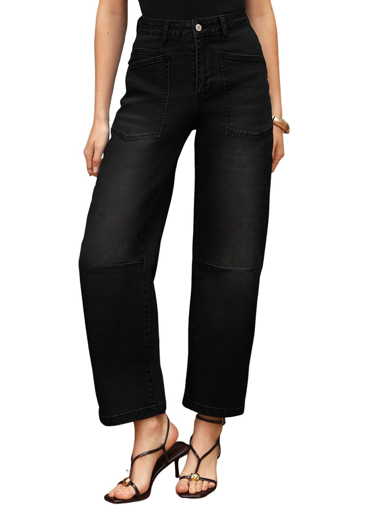 EVALESS Barrel Jeans Women Trendy 2025 Stretchy High Waisted Wide Leg Boyfriend Baggy Jean Black Size 6