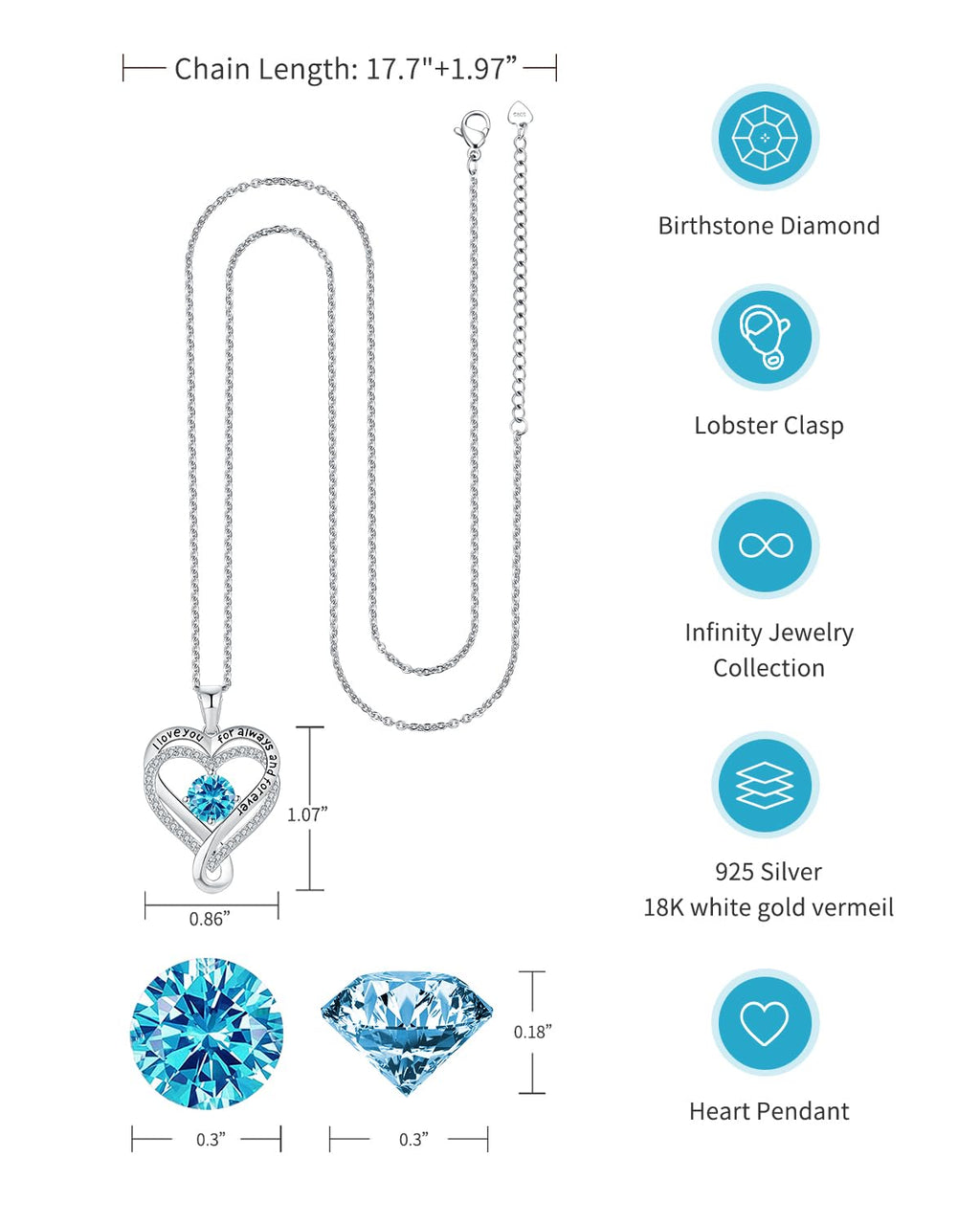 Necklaces for Women S925 Infinity Heart Turquoise Birthstone Jewelry for Women Wife Birthday Gift Ideas Anniversary Romantic Love Jewelry Girlfriend Mom Daughter Granddaughters December