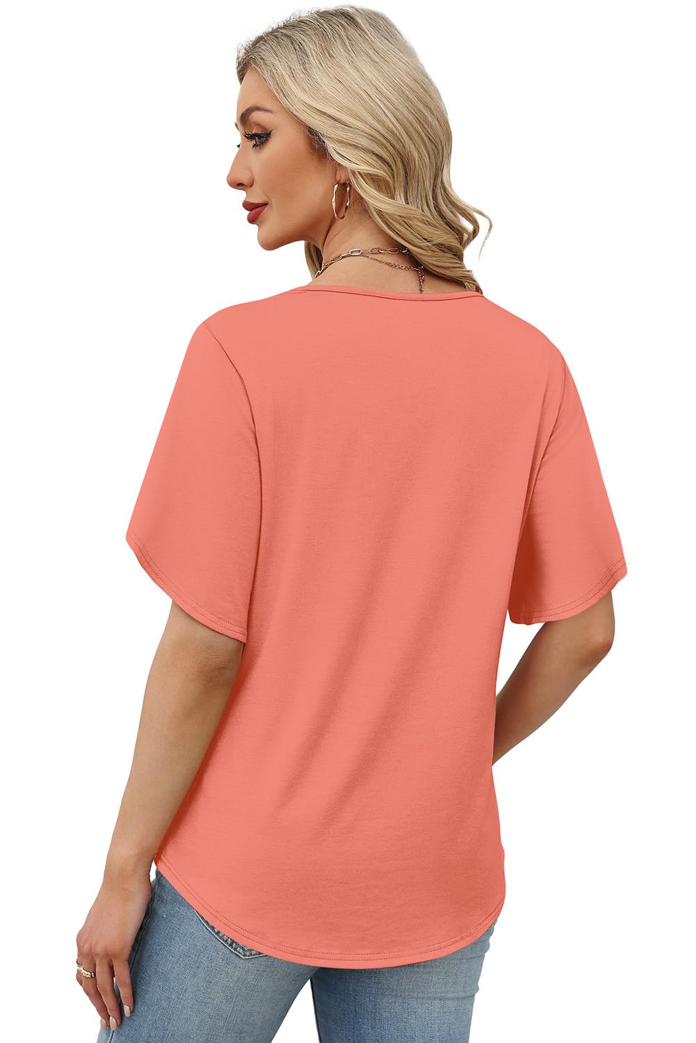 WIHOLL Plus Size Spring Break Essentials Summer Tops Short Sleeve Shirts V Neck Flowy Tops and Blouses Dressy Casual Fahion Clothing Coral XXL