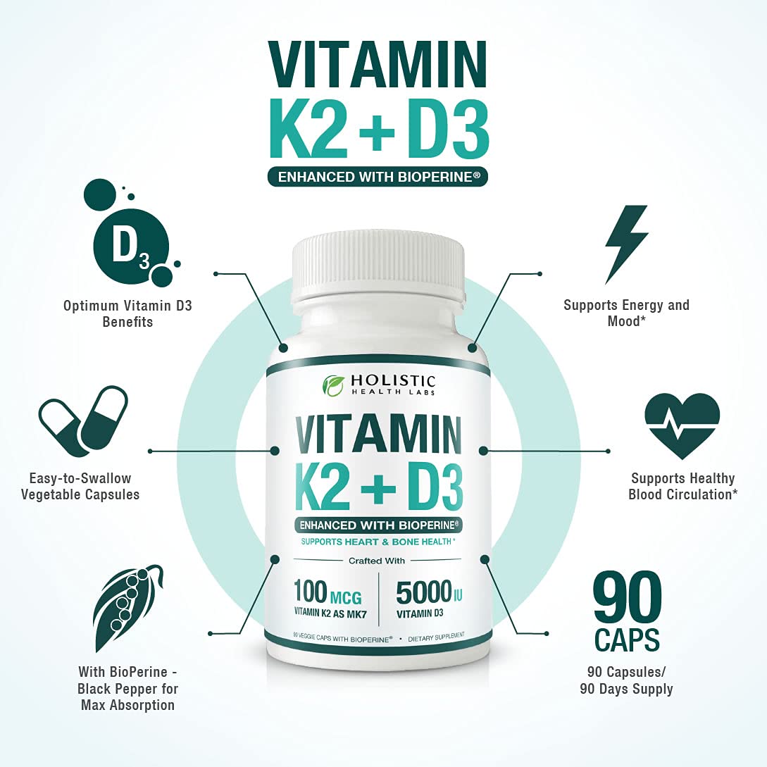 Max Absorption Vitamin K2 + D3 (5000IU) 90 Veggie Capsules From MK-7 (Menaquinone-7) and Cholecalciferol (With BioPerine) 3-Months Supply – D3 with K2 For Healthy Heart and Strong Bones | Non-GMO