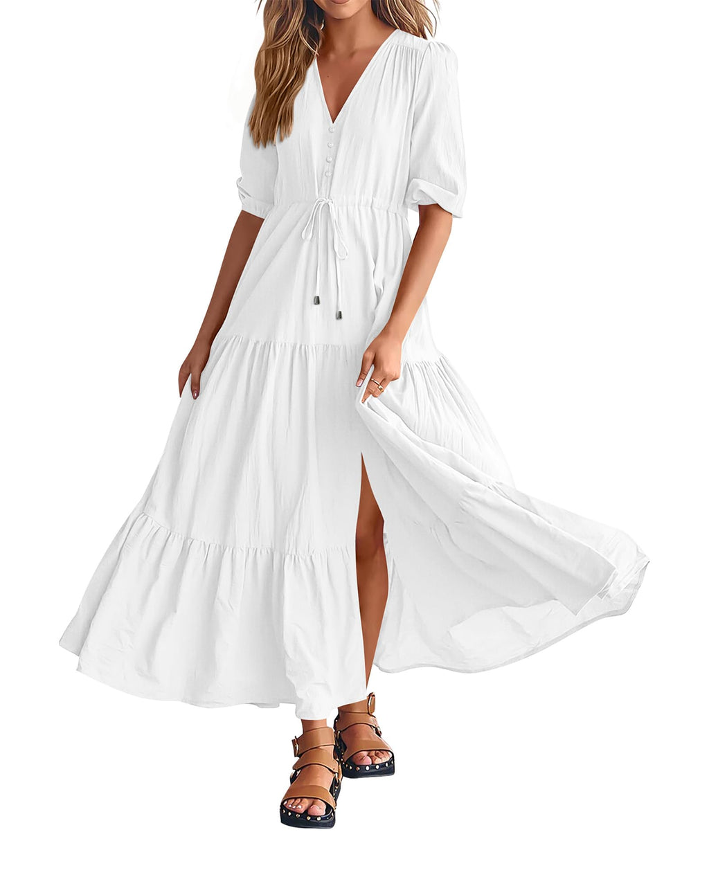BTFBM Formal Wedding Guest Dresses for Women Summer Dresses Short Sleeve V Neck Maxi Dresses (Solid Beige White,XX-Large)