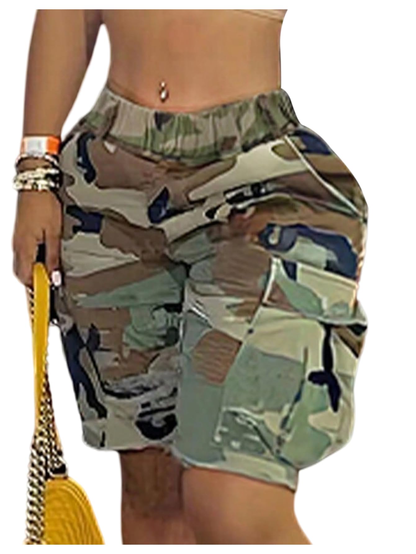 WDIRARA Women's Camo Cargo Shorts Streetwear Elastic Waist Bermuda Shorts with Flap Pockets Camouflage Fatigue Shorts Green XX-Large