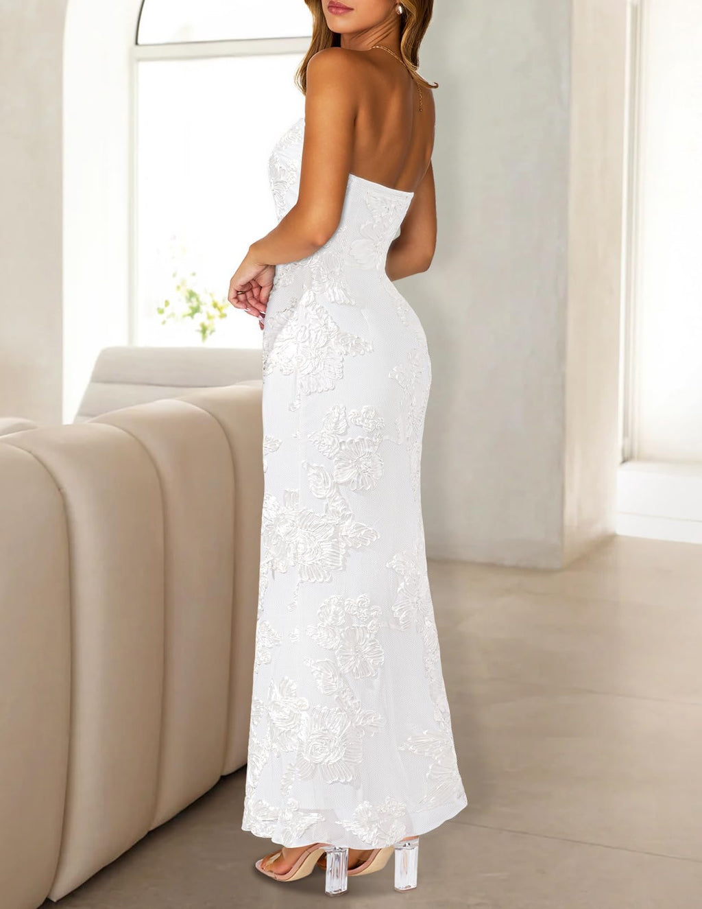 MEROKEETY Women's Floral Strapless Maxi Dress 2026 Summer Mesh Tube Bodycon Formal Wedding Guest Cocktail Party Long Dresses, White, Medium