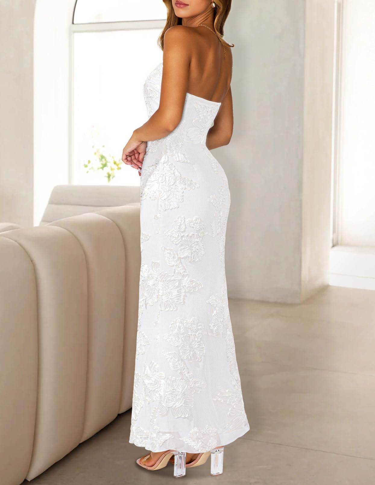 MEROKEETY Women's Floral Strapless Maxi Dress 2026 Summer Mesh Tube Bodycon Formal Wedding Guest Cocktail Party Long Dresses, White, Medium