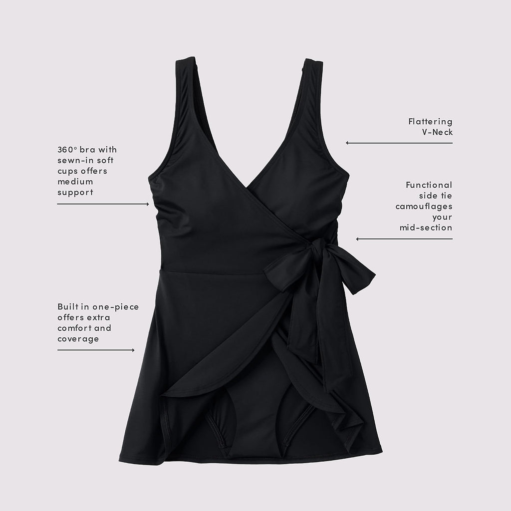 Lands' End Women's Side Tie Mini Swim Dress Swimsuit 2 Black