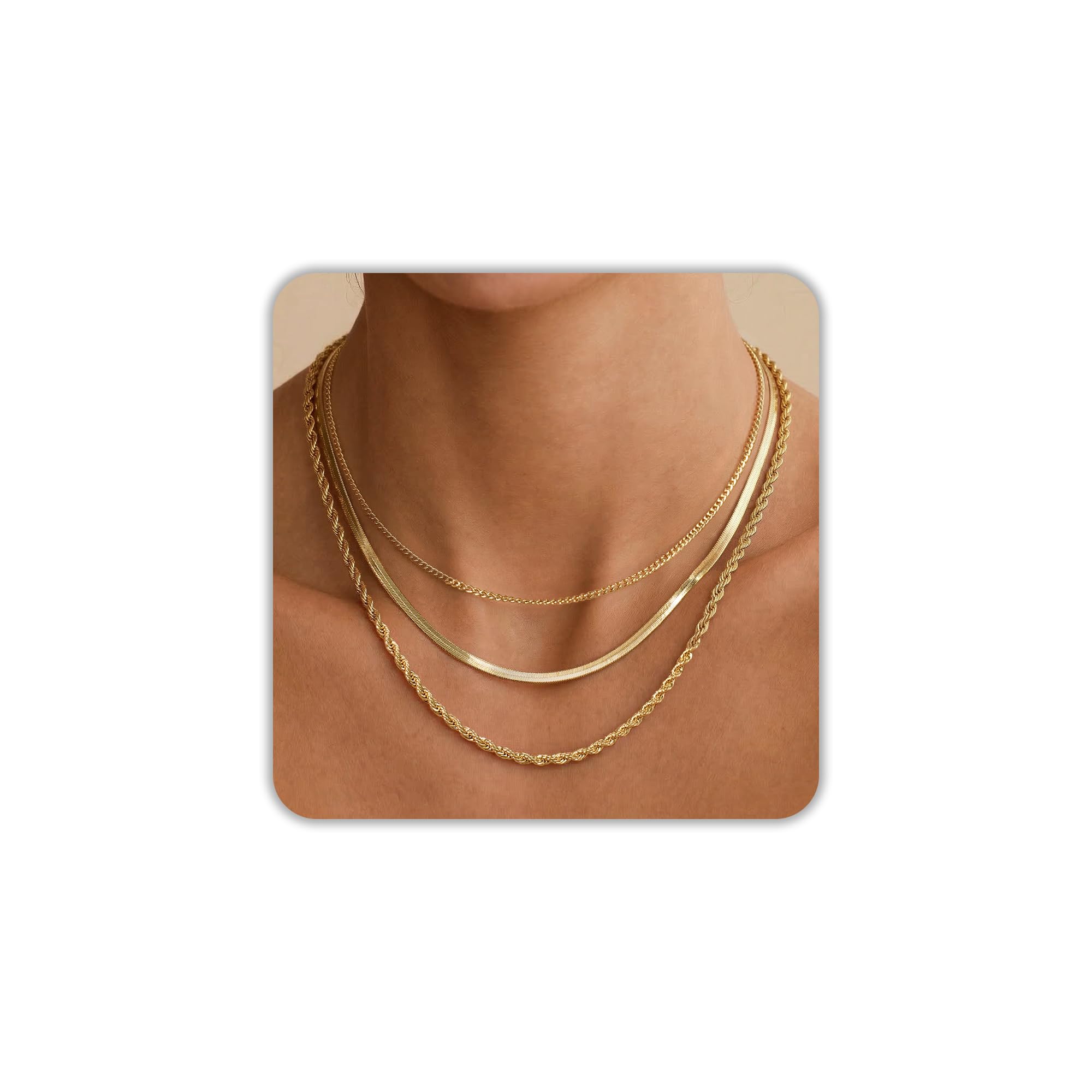 Freekiss Gold Herringbone Necklace for Women: Layered Chain Necklaces Dainty 14k Gold Plated Snake Cuban Rope Choker Necklace Stack Simple Chunky Womens Jewelry Gift